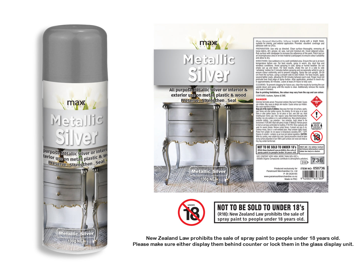 Max Brand All Surface Spray Paint Metallic Silver 100g #736 – 050736