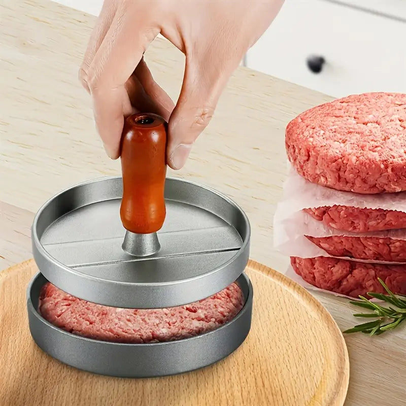 Heavy-Duty Stainless Steel Burger Press with Wooden Handle