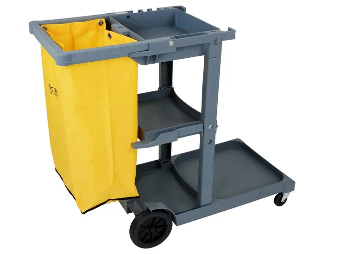 Janitor Trolley Service Cart 3x1/2 Shelf, Bucket Tray, Bag | Commercial Cleaning
