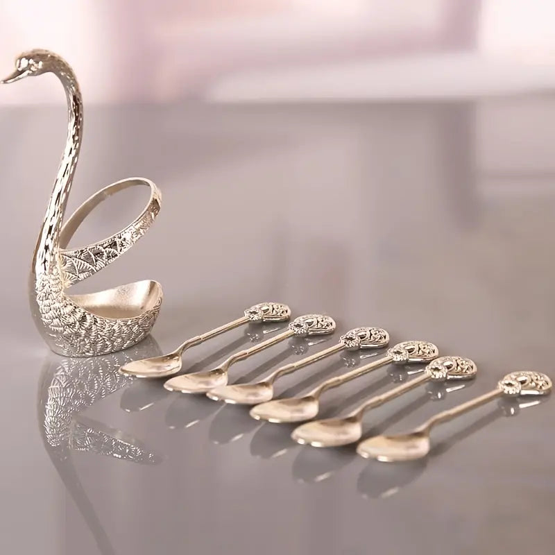 7pcs Stainless Steel Creative Dinnerware Set Decorative Swan Base Holder With 6 Spoons For Coffee Fruit Dessert Stirring Mixing