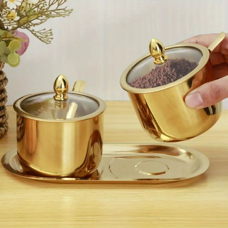 Elegant Golden Sugar Bowl with Lid and Spoon