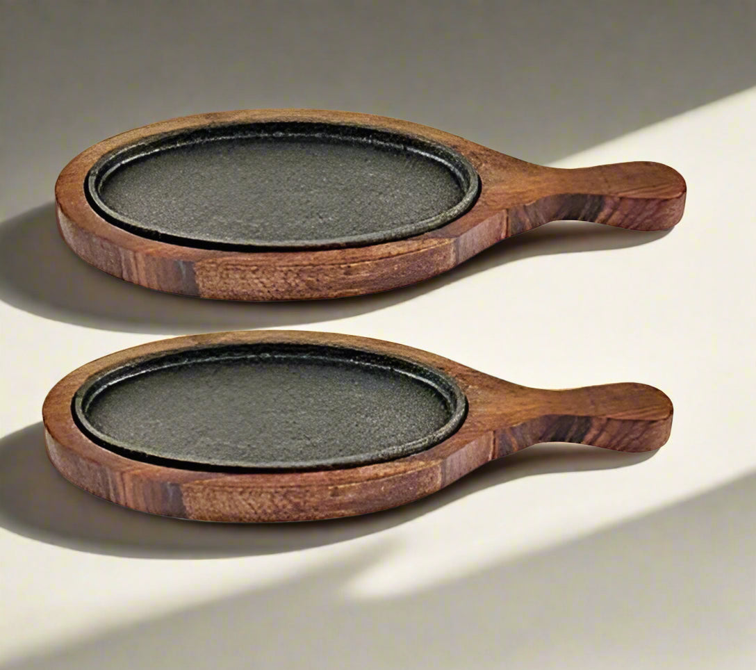 wood Oval Sizzler Plate with Wooden Base and Handle