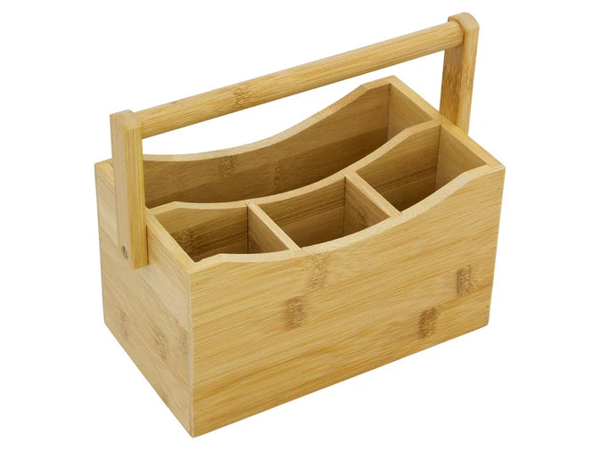 Bamboo Cutlery Box Holder with Folding Handle - 4 Section