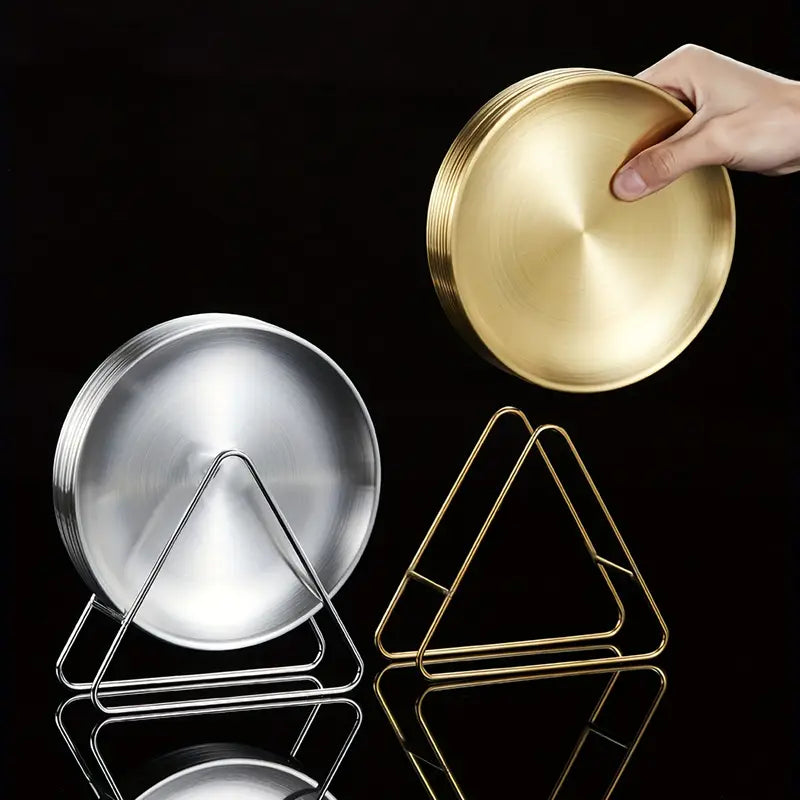 Set of 6 Korean-Style Stainless Steel Shallow Round Plates