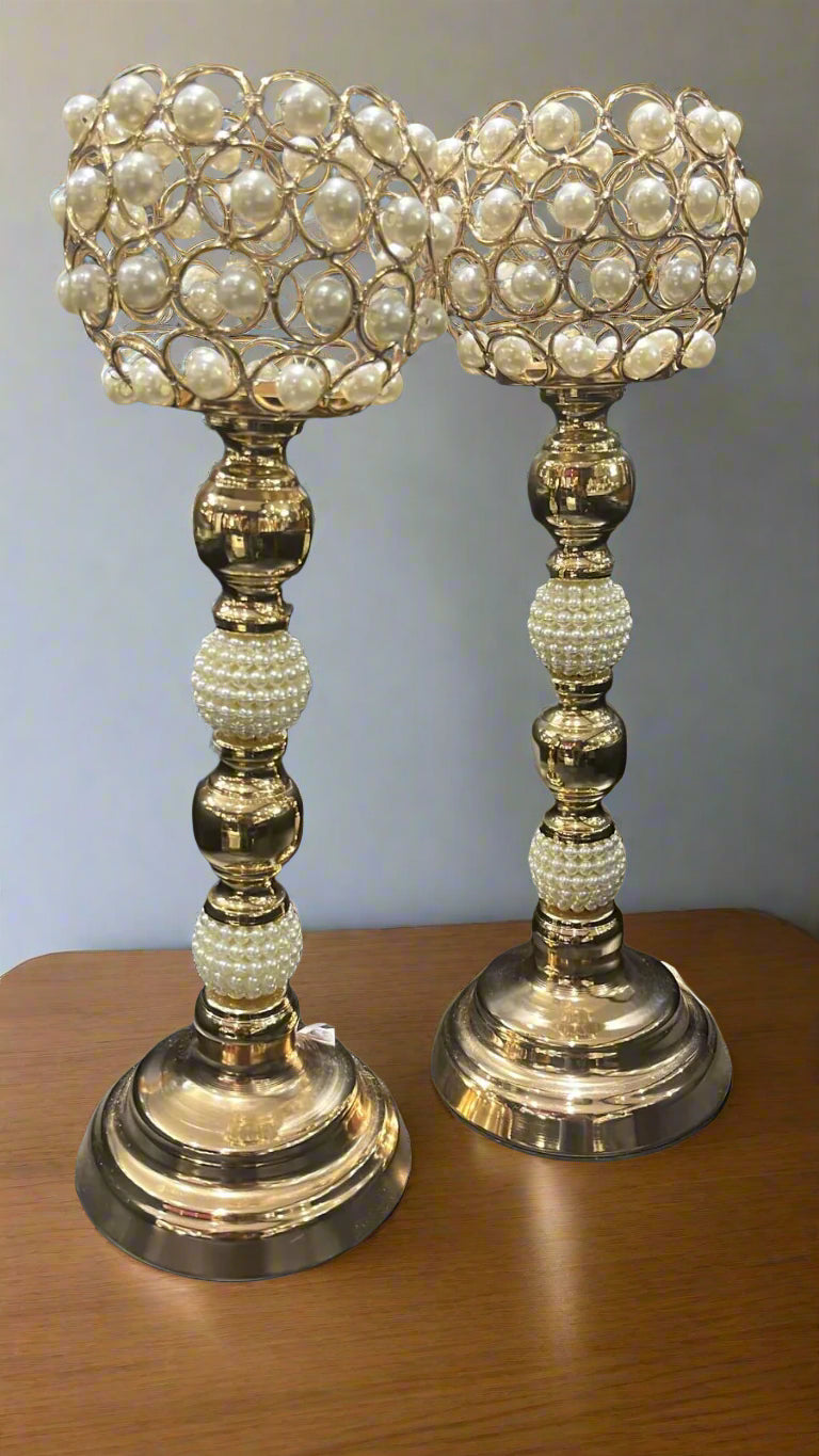 Candle Holder - Golden With Pearls