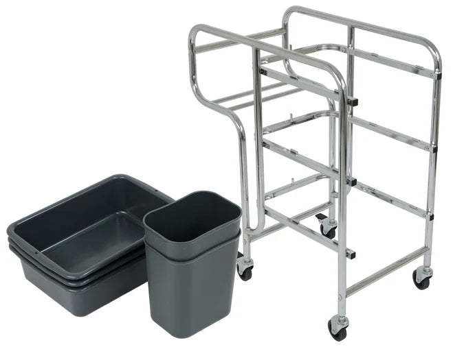 3 Tier Trolley Service Cart | 3x Deep Tray + 2x End Bins | Commercial Cleaning