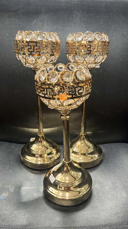 Candle Holder Golden With Crystal Clears Pearls