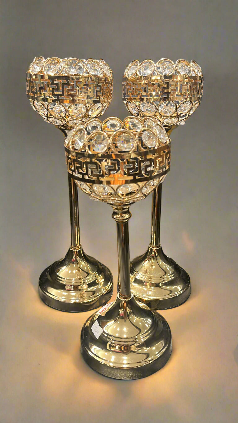 Candle Holder Golden With Crystal Clears Pearls