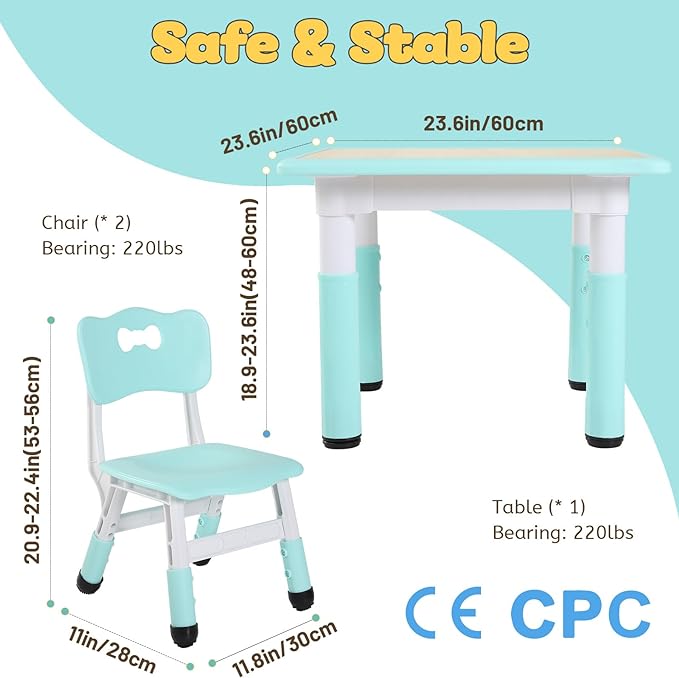3 Level Height Adjustable Table and Chair Set for Kids