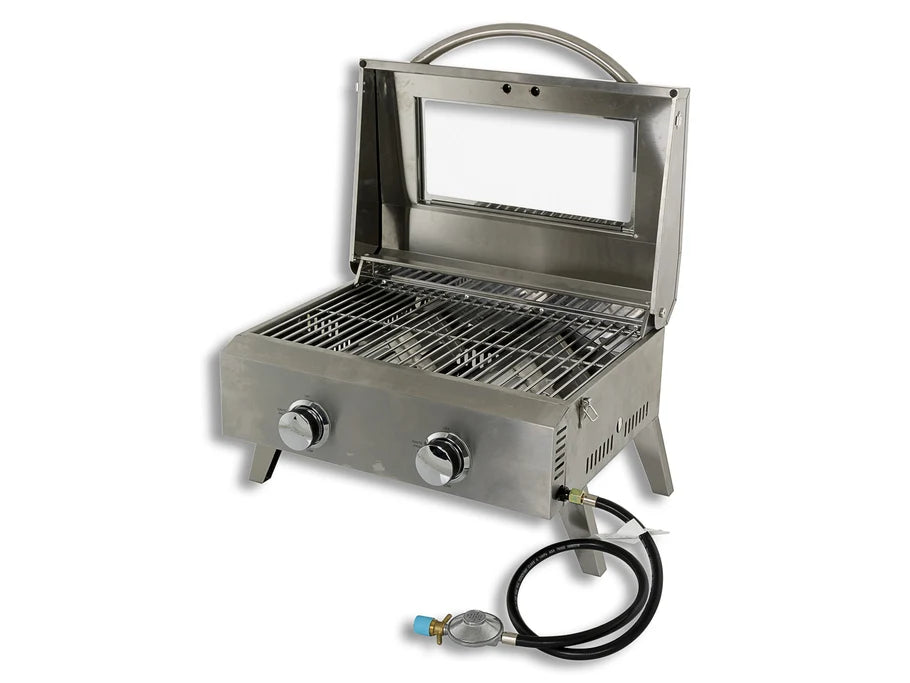 2 Burner Hooded Gas BBQ + Window, Stainless Steel Barbeque - Barbecue Grill