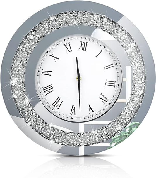 Silver Round Mirror Clock Crystal Crush Diamond Mirrored Sparkle Twinkle Bling