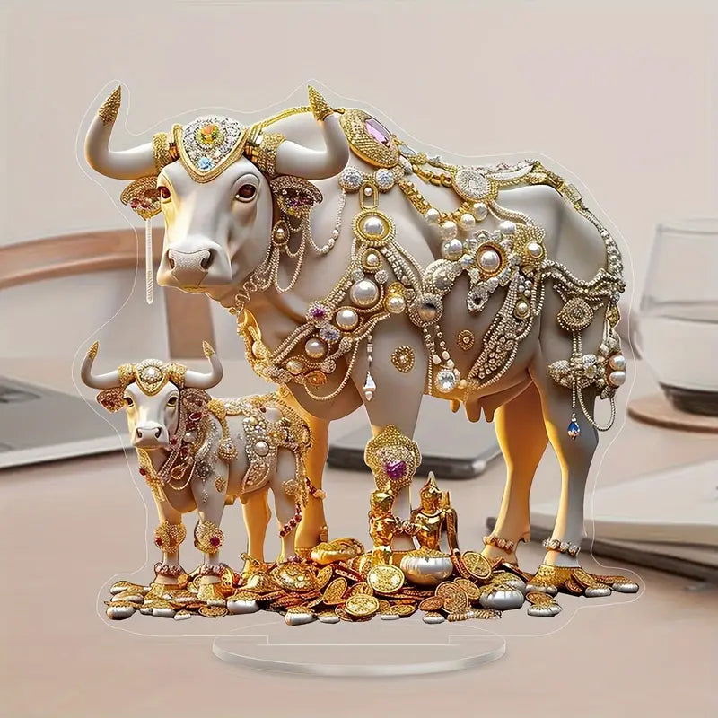 Luxurious Golden & Gemstone Acrylic Cow Statue