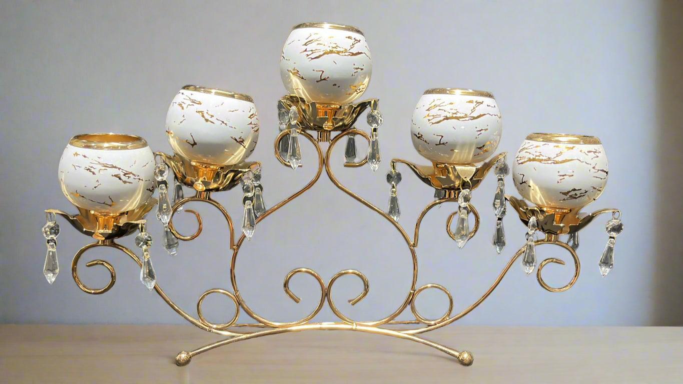 Candle Holder - Golden & White with Pearls - 5 in 1