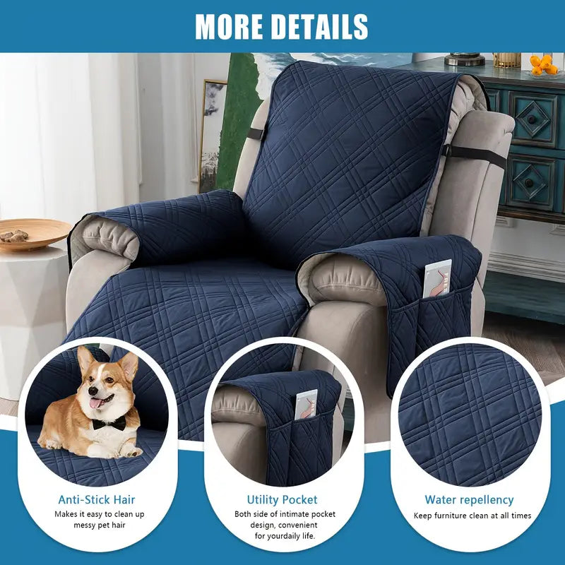 1pc Quilted Recliner Chair Cover With Pocket - Navy Blue
