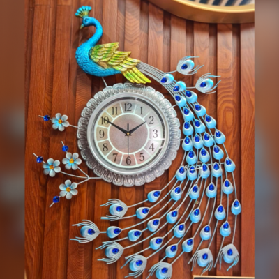 Peacock Feather Wall Clock Blue Green