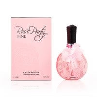 Pink perfume bottle and packaging with 'Rose Party Pink' text on a white background