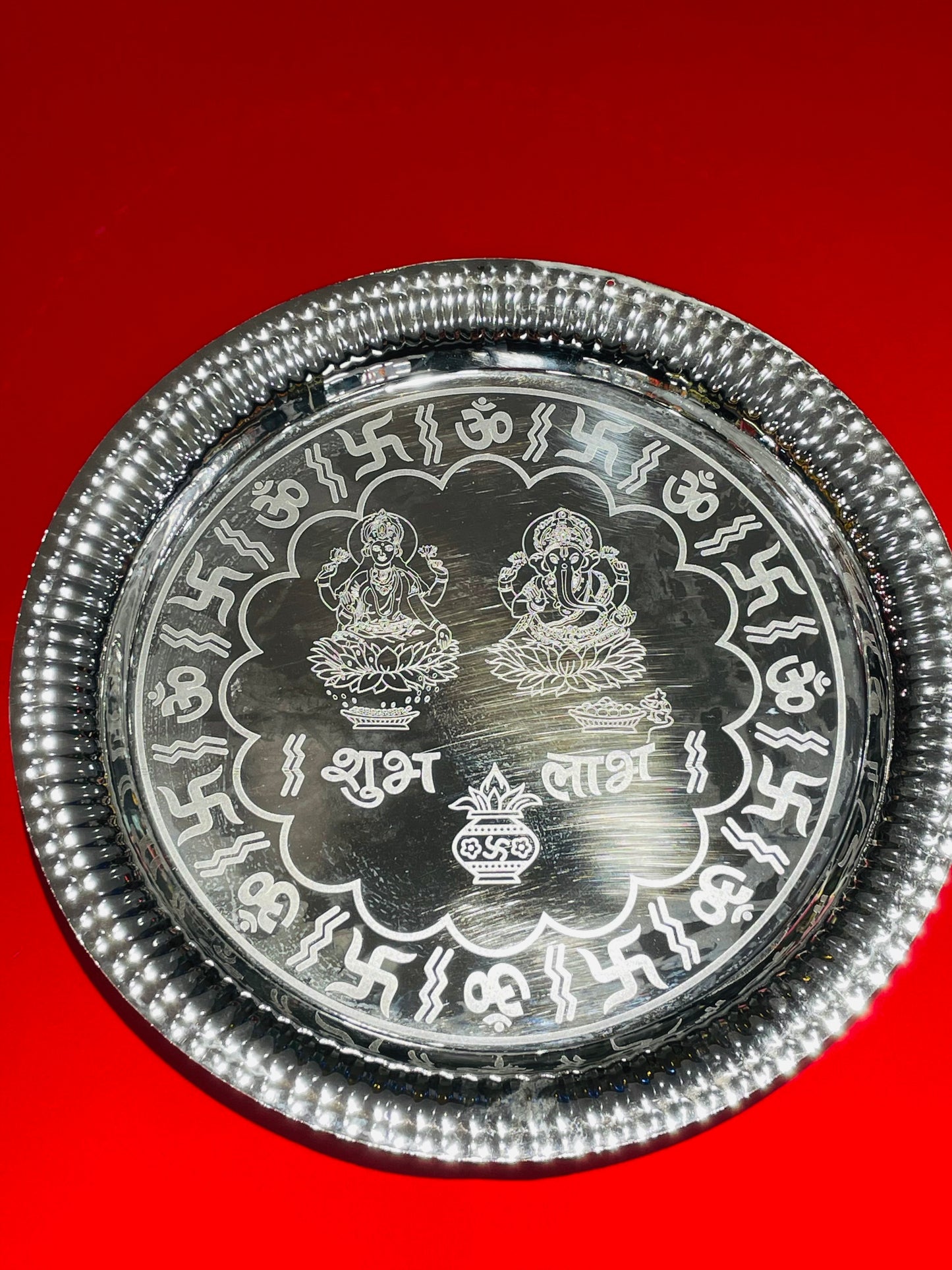 Silver Pooja Thali with Laxmi Ganesh Design
