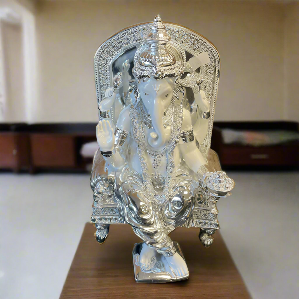 Ganesha on Throne 24cm Silver