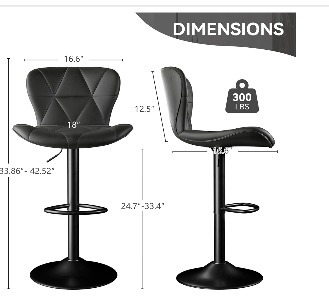Bar Stool,RO11 Adjustable Swivel Barstools, Faux Leather Bar Chairs,Upholstered Counter Height with High Backrest for Kitchen Island, Black (Copy) (Copy)