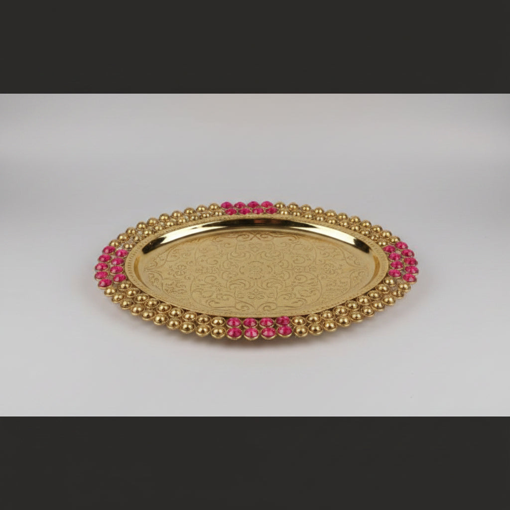 Brass Oval Plate 15x11inch with Pink Rhinestone