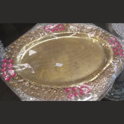 Brass Oval Plate 15x11inch with Pink Rhinestone