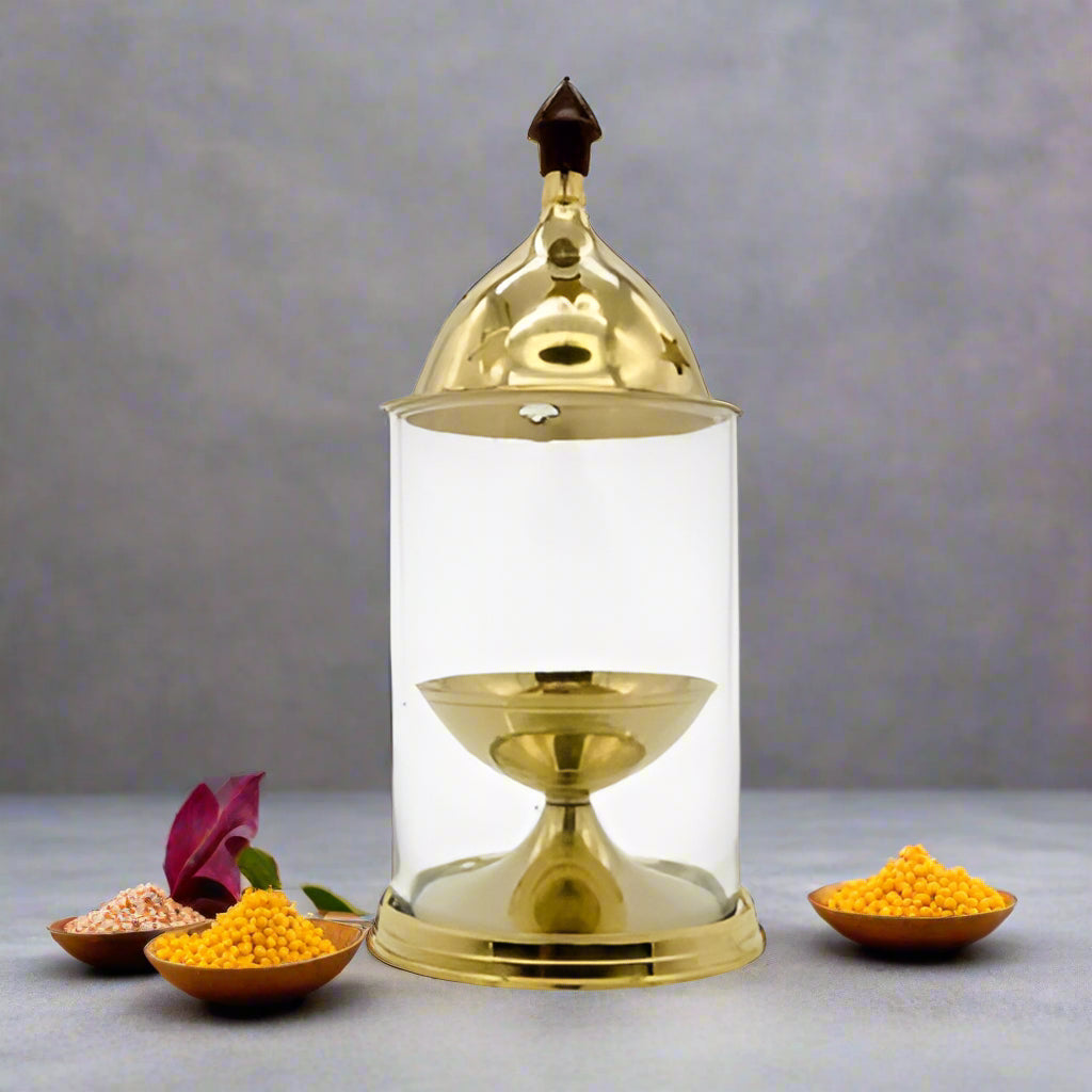 Jyot Stand with Glass Cover 20cm