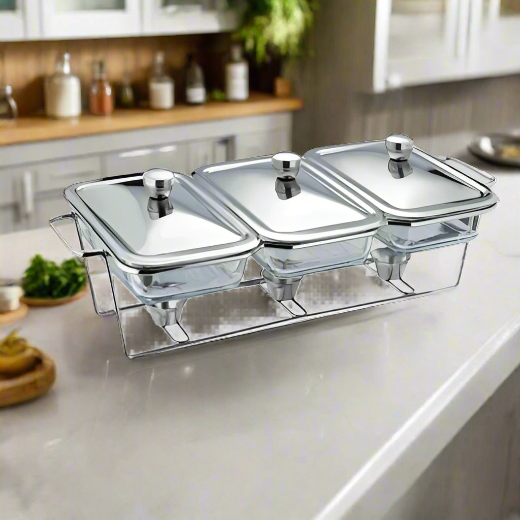 Triple Glass Chafing Dish Silver 1.3L YS19022-219 – Sleek and Practical Food Warmer
