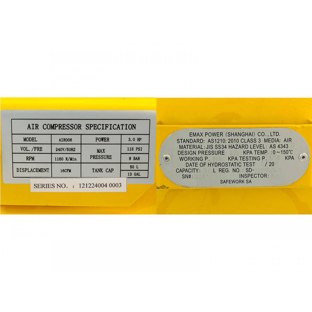 50L Air Compressor 3HP Belt Drive |2800rpm 450LPM 16CFM 115psi