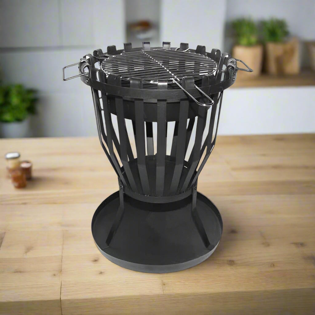 Outdoor Brazier with BBQ Grill - Black Steel