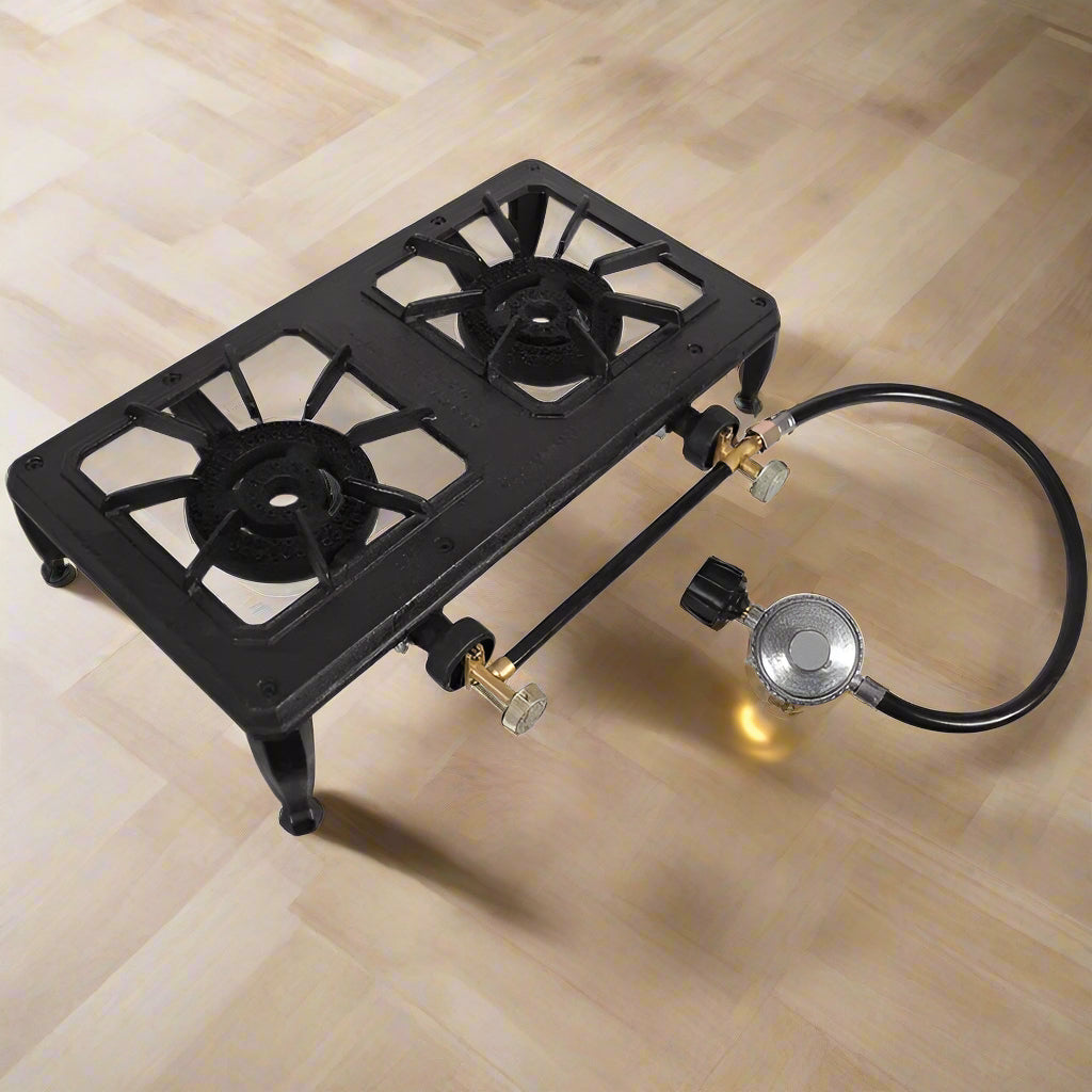 2 Burner LPG Gas Hob Cooker Stove | Cast Iron, Dual Ring + QCC Regulator Hose