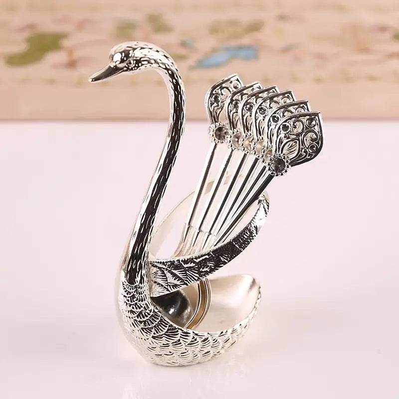 7pcs Stainless Steel Creative Dinnerware Set Decorative Swan Base Holder With 6 Spoons For Coffee Fruit Dessert Stirring Mixing