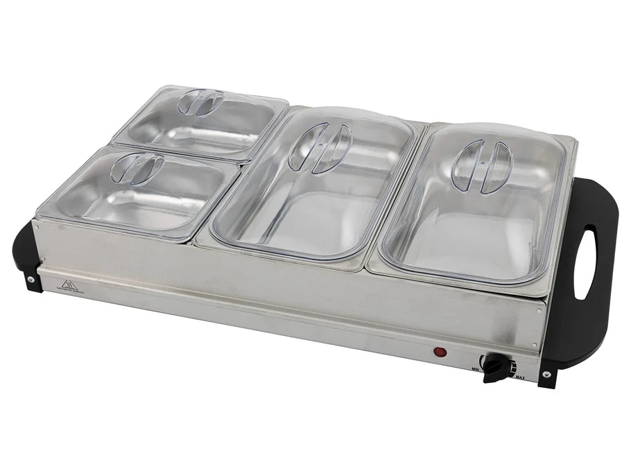 4 Pan Heated Food Warmer | 300W Electric | 4 Dish Stainless Steel Buffet Warmers