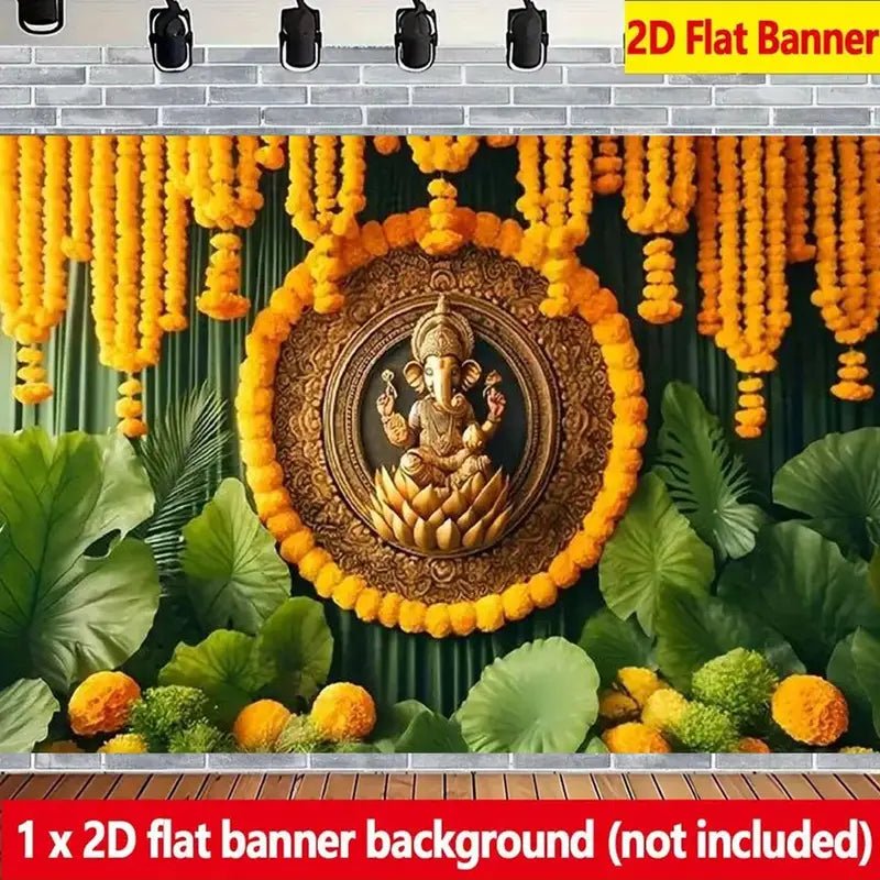 2D Flat, 1pc Golden Ganesh Statue Floral Decorative Backdrop NO-D