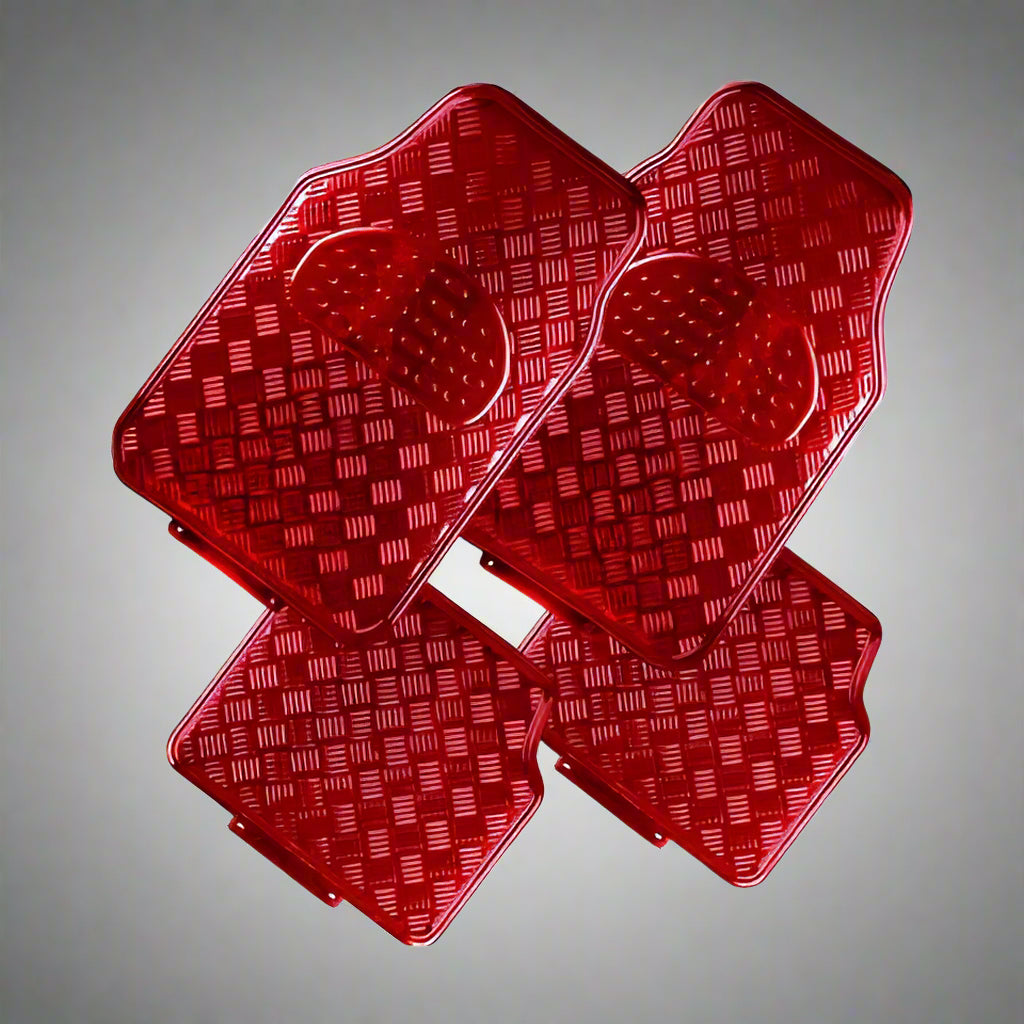 4-Piece Red Rubber/Aluminium Look Car Mat