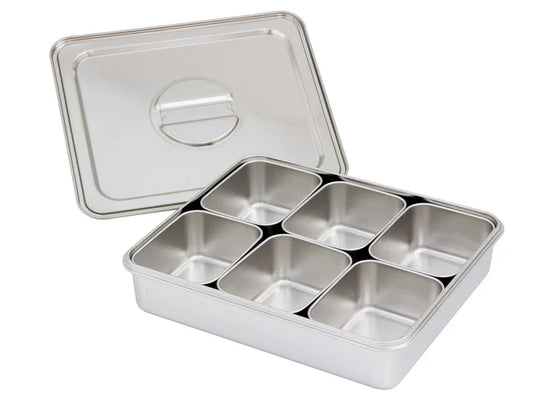 Stainless Steel Container Box Tray with 6 Small Pan Inserts
