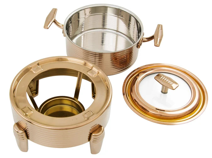 18cm Golden Hot Pot with Lid & Stand - Stainless Steel Food Warmer