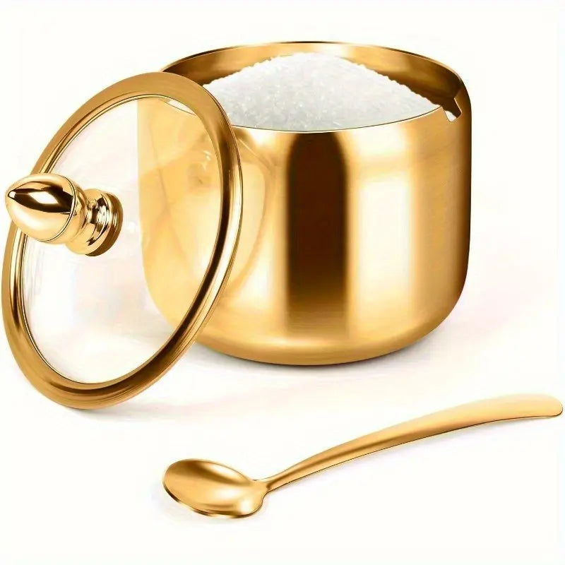 Elegant Golden Sugar Bowl with Lid and Spoon