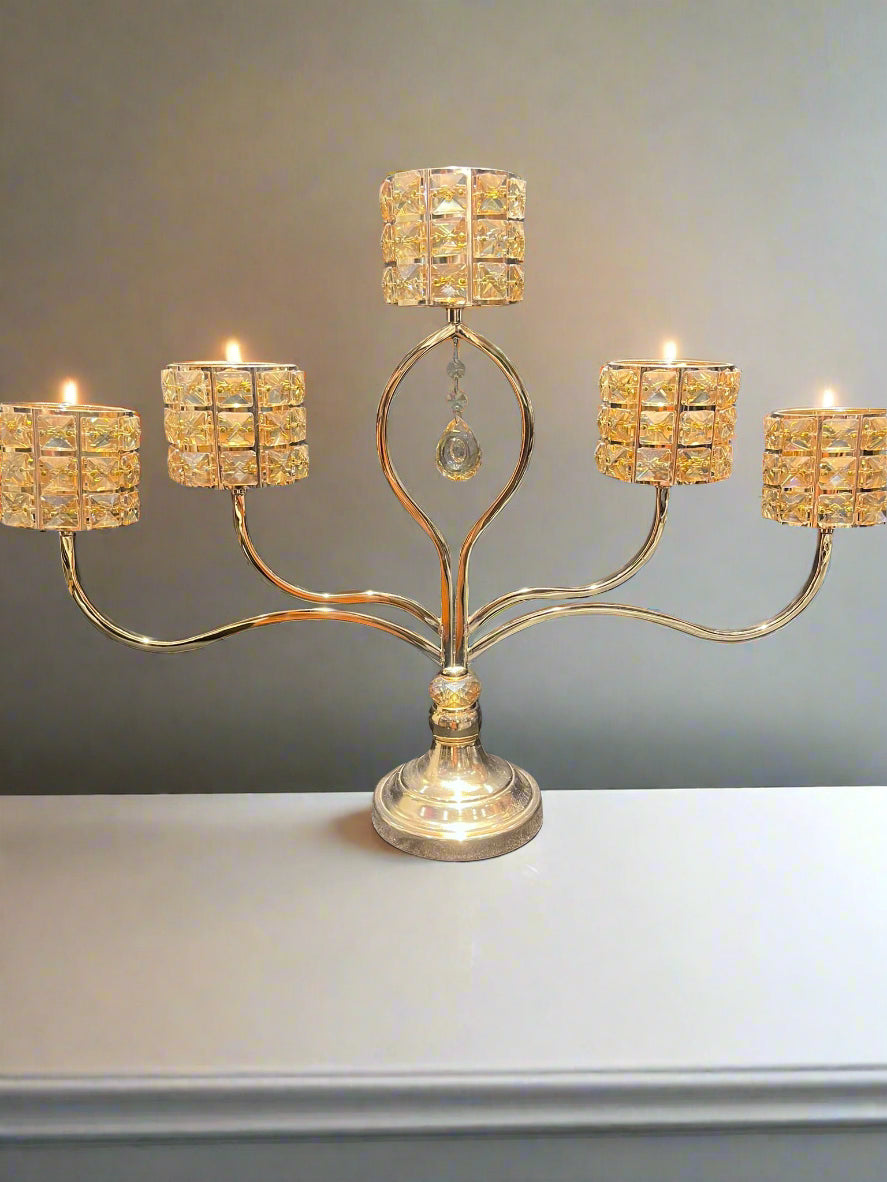 Candle Holder -  Golden 5 in 1 with Pearls