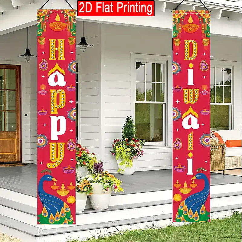 2D Flat, 2pcs Large 30.48x179.83 cm Happy Diwali Door Banner with Peacock & Diya Cutouts
