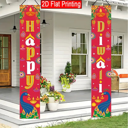 2D Flat, 2pcs Large 30.48x179.83 cm Happy Diwali Door Banner with Peacock & Diya Cutouts