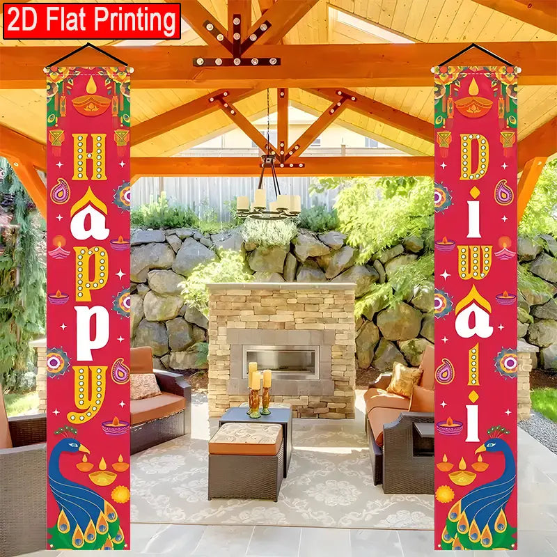 2D Flat, 2pcs Large 30.48x179.83 cm Happy Diwali Door Banner with Peacock & Diya Cutouts