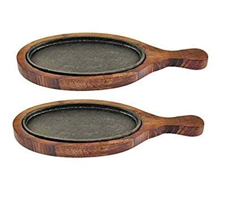 wood Oval Sizzler Plate with Wooden Base and Handle