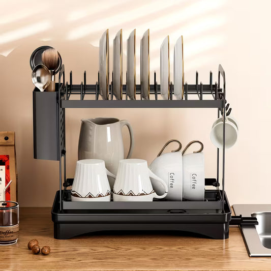 2-Tier Metal Dish Drying Rack with Drainboard, Multifunctional Kitchen Dish Rack with Utensil Holder&Cutting Boards, Space Saving Dish Rack, Metal Kitchen Organizer