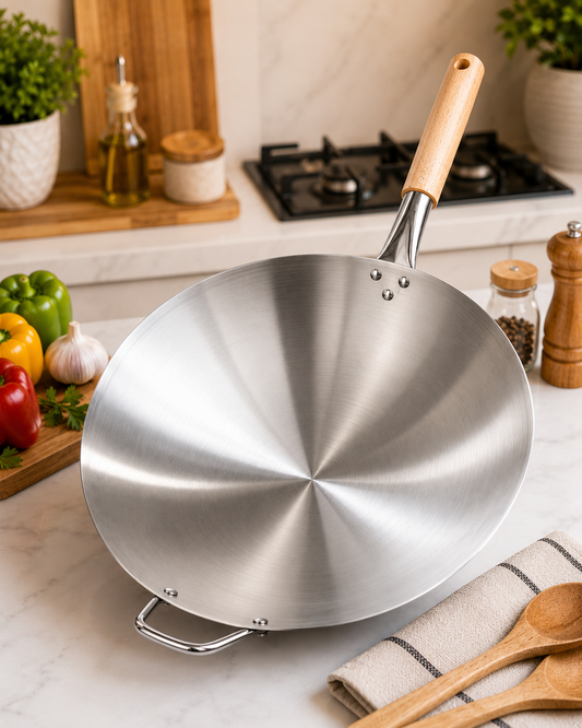 Stainless Steel Wok - With WOODEN  Handle -40CM