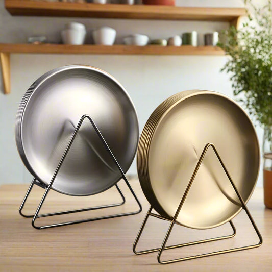 Set of 6 Korean-Style Stainless Steel Shallow Round Plates