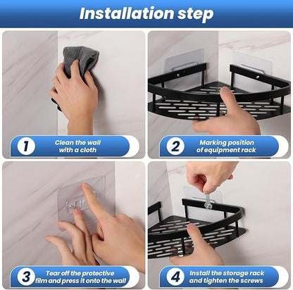 Bathroom Accessories Aluminium Heavy Duty Self Adhesive Bathroom Corner Shelf for Wall, Multipurpose Wall Mounted Bathroom Organiser, Washroom Organizer (Black) (Pack of 1)