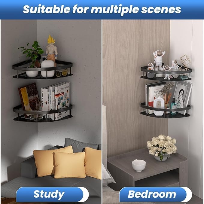 Bathroom Accessories Aluminium Heavy Duty Self Adhesive Bathroom Corner Shelf for Wall, Multipurpose Wall Mounted Bathroom Organiser, Washroom Organizer (Black) (Pack of 1)