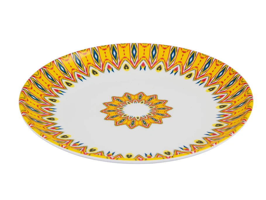 25cm Round Plate with Decorative Yellow Pattern - Melamine Dish Platter