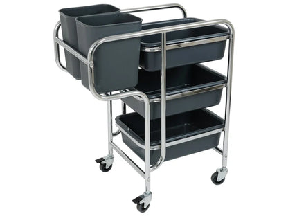 3 Tier Trolley Service Cart | 3x Deep Tray + 2x End Bins | Commercial Cleaning