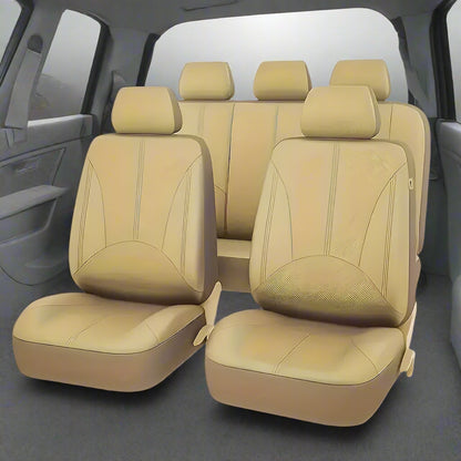 Faux Leather Universal Car Seat Cover 9pcs Set - Beige